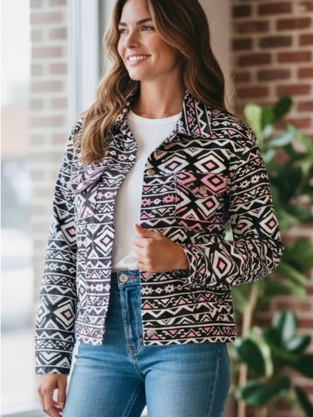 Upcycled Black & White Aztec Print Denim Jacket with Pink Hand Painted Accents.